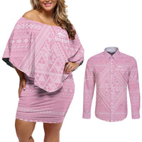 Custom New Zealand Basketball Indigenous Couples Matching Off Shoulder Short Dress and Long Sleeve Button Shirt LT9 Pink - Polynesian Pride