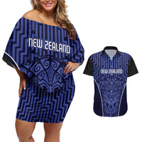 Custom Basketball New Zealand Couples Matching Off Shoulder Short Dress and Hawaiian Shirt Blue Maori Ta Moko Indigenous LT9 Blue - Polynesian Pride