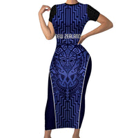 Custom Basketball New Zealand Family Matching Short Sleeve Bodycon Dress and Hawaiian Shirt Blue Maori Ta Moko Indigenous LT9 Mom's Dress Blue - Polynesian Pride