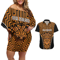 Custom Basketball New Zealand Couples Matching Off Shoulder Short Dress and Hawaiian Shirt Gold Maori Ta Moko Indigenous LT9 Gold - Polynesian Pride