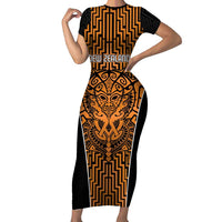 Custom Basketball New Zealand Short Sleeve Bodycon Dress Gold Maori Ta Moko Indigenous LT9 Long Dress Gold - Polynesian Pride