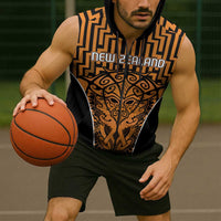 Custom Basketball New Zealand Sleeveless Zip Hoodie Gold Maori Ta Moko Indigenous LT9 - Polynesian Pride