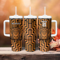 Custom Basketball New Zealand Tumbler With Handle Gold Maori Ta Moko Indigenous LT9 - Polynesian Pride