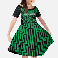 Custom Basketball New Zealand Family Matching Long Sleeve Bodycon Dress and Hawaiian Shirt Green Maori Ta Moko Indigenous LT9 Daughter's Dress Green - Polynesian Pride