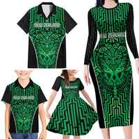 Custom Basketball New Zealand Family Matching Long Sleeve Bodycon Dress and Hawaiian Shirt Green Maori Ta Moko Indigenous LT9 - Polynesian Pride