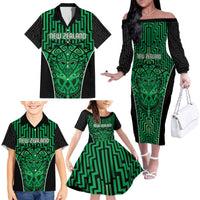 Custom Basketball New Zealand Family Matching Off The Shoulder Long Sleeve Dress and Hawaiian Shirt Green Maori Ta Moko Indigenous LT9 - Polynesian Pride