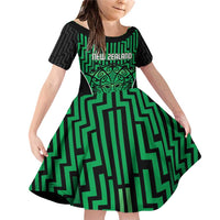 Custom Basketball New Zealand Family Matching Off Shoulder Short Dress and Hawaiian Shirt Green Maori Ta Moko Indigenous LT9 Daughter's Dress Green - Polynesian Pride