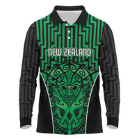 Custom Basketball New Zealand Long Sleeve Polo Shirt Green Maori Ta Moko Indigenous LT9 Green - Polynesian Pride