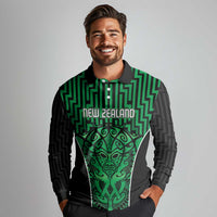 Custom Basketball New Zealand Long Sleeve Polo Shirt Green Maori Ta Moko Indigenous LT9 - Polynesian Pride