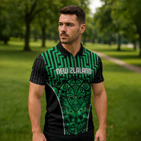 Custom Basketball New Zealand Zipper Polo Shirt Green Maori Ta Moko Indigenous LT9 - Polynesian Pride