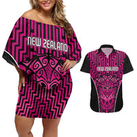 Custom Basketball New Zealand Couples Matching Off Shoulder Short Dress and Hawaiian Shirt Pink Maori Ta Moko Indigenous LT9 Pink - Polynesian Pride