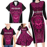 Custom Basketball New Zealand Family Matching Long Sleeve Bodycon Dress and Hawaiian Shirt Pink Maori Ta Moko Indigenous LT9 - Polynesian Pride