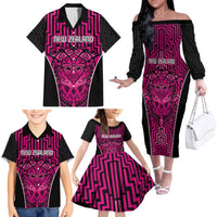 Custom Basketball New Zealand Family Matching Off The Shoulder Long Sleeve Dress and Hawaiian Shirt Pink Maori Ta Moko Indigenous LT9 - Polynesian Pride