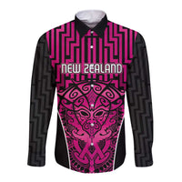 Custom Basketball New Zealand Long Sleeve Button Shirt Pink Maori Ta Moko Indigenous - Polynesian Pride