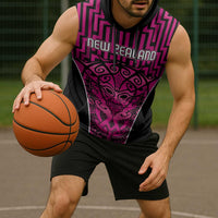 Custom Basketball New Zealand Sleeveless Hoodie Pink Maori Ta Moko Indigenous LT9 - Polynesian Pride