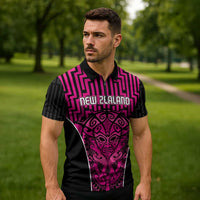 Custom Basketball New Zealand Zipper Polo Shirt Pink Maori Ta Moko Indigenous LT9 - Polynesian Pride