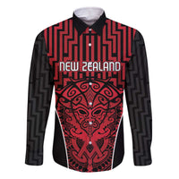 Custom Basketball New Zealand Family Matching Off The Shoulder Long Sleeve Dress and Hawaiian Shirt Red Maori Ta Moko Indigenous LT9 Dad's Shirt - Long Sleeve Red - Polynesian Pride