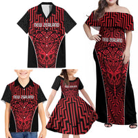 Custom Basketball New Zealand Family Matching Off Shoulder Maxi Dress and Hawaiian Shirt Red Maori Ta Moko Indigenous LT9 - Polynesian Pride