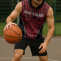 Custom Basketball New Zealand Sleeveless Hoodie Red Maori Ta Moko Indigenous LT9 - Polynesian Pride