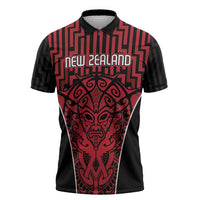 Custom Basketball New Zealand Zipper Polo Shirt Red Maori Ta Moko Indigenous LT9 Red - Polynesian Pride