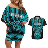 Custom Basketball New Zealand Couples Matching Off Shoulder Short Dress and Hawaiian Shirt Teal Maori Ta Moko Indigenous LT9 Teal - Polynesian Pride