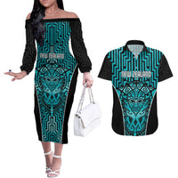 Custom Basketball New Zealand Couples Matching Off The Shoulder Long Sleeve Dress and Hawaiian Shirt Teal Maori Ta Moko Indigenous LT9 Teal - Polynesian Pride