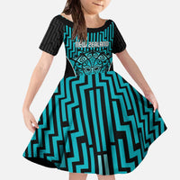 Custom Basketball New Zealand Family Matching Off The Shoulder Long Sleeve Dress and Hawaiian Shirt Teal Maori Ta Moko Indigenous LT9 Daughter's Dress Teal - Polynesian Pride
