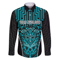 Custom Basketball New Zealand Family Matching Off The Shoulder Long Sleeve Dress and Hawaiian Shirt Teal Maori Ta Moko Indigenous LT9 Dad's Shirt - Long Sleeve Teal - Polynesian Pride