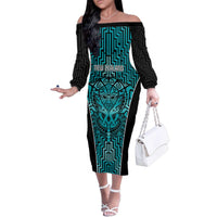 Custom Basketball New Zealand Family Matching Off The Shoulder Long Sleeve Dress and Hawaiian Shirt Teal Maori Ta Moko Indigenous LT9 Mom's Dress Teal - Polynesian Pride
