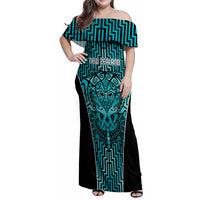 Custom Basketball New Zealand Family Matching Off Shoulder Maxi Dress and Hawaiian Shirt Teal Maori Ta Moko Indigenous LT9 Mom's Dress Teal - Polynesian Pride