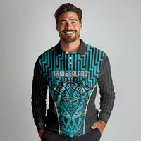 Custom Basketball New Zealand Long Sleeve Polo Shirt Teal Maori Ta Moko Indigenous LT9 - Polynesian Pride