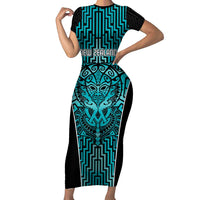 Custom Basketball New Zealand Short Sleeve Bodycon Dress Teal Maori Ta Moko Indigenous LT9 Long Dress Teal - Polynesian Pride