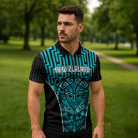 Custom Basketball New Zealand Zipper Polo Shirt Teal Maori Ta Moko Indigenous LT9 - Polynesian Pride