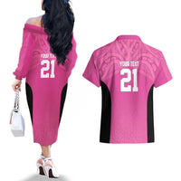 New Zealand Custom Couples Matching Off The Shoulder Long Sleeve Dress and Hawaiian Shirt Fire Basketball Maori Tribal Pink LT9 - Polynesian Pride