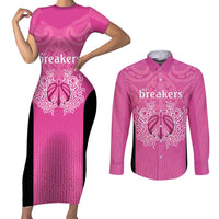 New Zealand Custom Couples Matching Short Sleeve Bodycon Dress and Long Sleeve Button Shirt Fire Basketball Maori Tribal Pink - Polynesian Pride