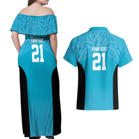 New Zealand Custom Couples Matching Off Shoulder Maxi Dress and Hawaiian Shirt Fire Basketball Maori Tribal Sky Blue LT9 - Polynesian Pride