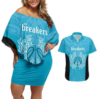 New Zealand Custom Couples Matching Off Shoulder Short Dress and Hawaiian Shirt Fire Basketball Maori Tribal Sky Blue LT9 Blue - Polynesian Pride
