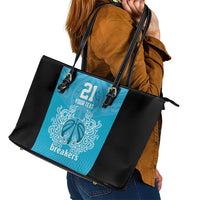New Zealand Custom Leather Tote Bag Fire Basketball Maori Tribal Sky Blue LT9 - Polynesian Pride