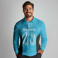 New Zealand Custom Long Sleeve Polo Shirt Fire Basketball Maori Tribal Sky Blue LT9 - Polynesian Pride