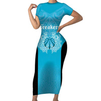 New Zealand Custom Short Sleeve Bodycon Dress Fire Basketball Maori Tribal Sky Blue LT9 Long Dress Blue - Polynesian Pride