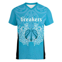 New Zealand Custom Women V-Neck T-Shirt Fire Basketball Maori Tribal Sky Blue LT9 Female Blue - Polynesian Pride