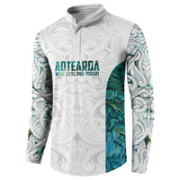 Custom New Zealand Aotearoa Button Sweatshirt Green Maori Paua Shell Indigenous - Polynesian Pride