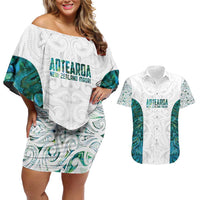 Custom New Zealand Aotearoa Couples Matching Off Shoulder Short Dress and Hawaiian Shirt Green Maori Paua Shell Indigenous LT9 Green - Polynesian Pride