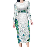 Custom New Zealand Aotearoa Long Sleeve Bodycon Dress Green Maori Paua Shell Indigenous LT9 Long Dress Green - Polynesian Pride