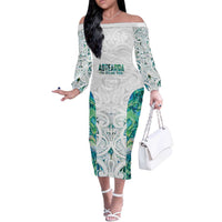 Custom New Zealand Aotearoa Off The Shoulder Long Sleeve Dress Green Maori Paua Shell Indigenous LT9 Women Green - Polynesian Pride