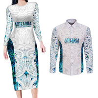 Custom New Zealand Aotearoa Couples Matching Long Sleeve Bodycon Dress and Long Sleeve Button Shirt Maori Paua Shell Indigenous LT9 Blue - Polynesian Pride