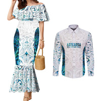 Custom New Zealand Aotearoa Couples Matching Mermaid Dress and Long Sleeve Button Shirt Maori Paua Shell Indigenous LT9 Blue - Polynesian Pride