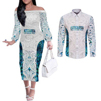 Custom New Zealand Aotearoa Couples Matching Off The Shoulder Long Sleeve Dress and Long Sleeve Button Shirt Maori Paua Shell Indigenous LT9 Blue - Polynesian Pride