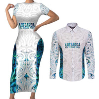 Custom New Zealand Aotearoa Couples Matching Short Sleeve Bodycon Dress and Long Sleeve Button Shirt Maori Paua Shell Indigenous LT9 Blue - Polynesian Pride