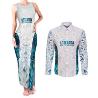 Custom New Zealand Aotearoa Couples Matching Tank Maxi Dress and Long Sleeve Button Shirt Maori Paua Shell Indigenous LT9 Blue - Polynesian Pride